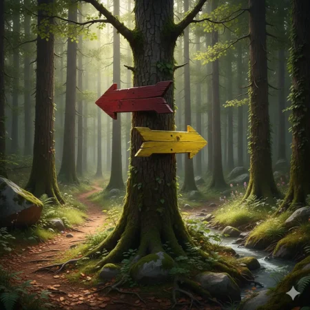 u4marsch wegweiser Zeigt ein rotes und gelbes Schild als Wegweiser an einem Baum im Wald